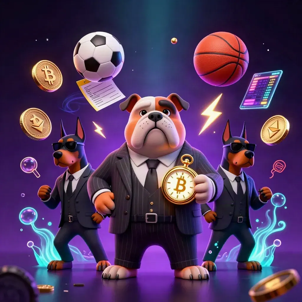 Bulldog crime boss with bodyguards amid neon crypto coins, balls, and casino effects.