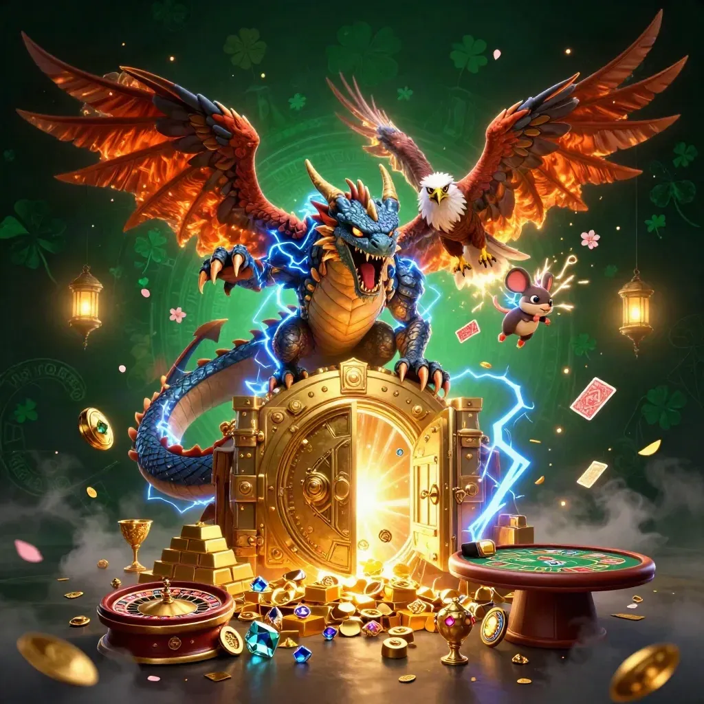 Thunder dragon, wind hawk, and crackling mouse erupt from a treasure vault in neon casino light.