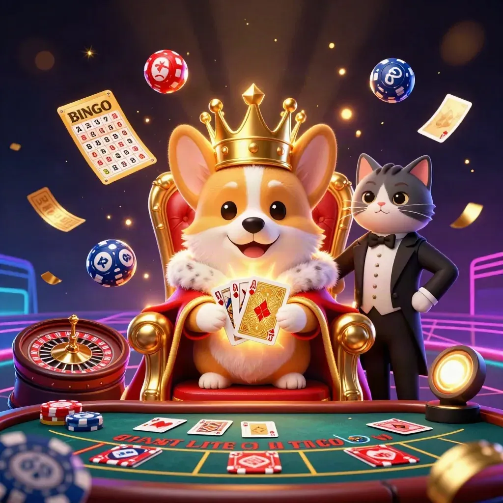 Royal corgi and cat butler amid casino lights, spinning wheels, and glowing game elements