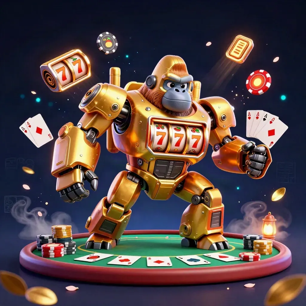Golden gorilla mech and monkey pilot amid chips, cards, gems, and casino sparks.
