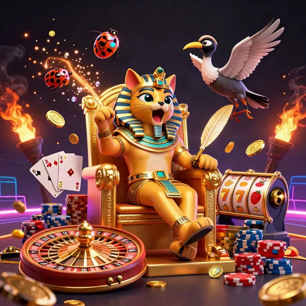 Pharaoh cat on a golden throne with an ibis scribe, scarab beetles, coins, gems, and casino glow.