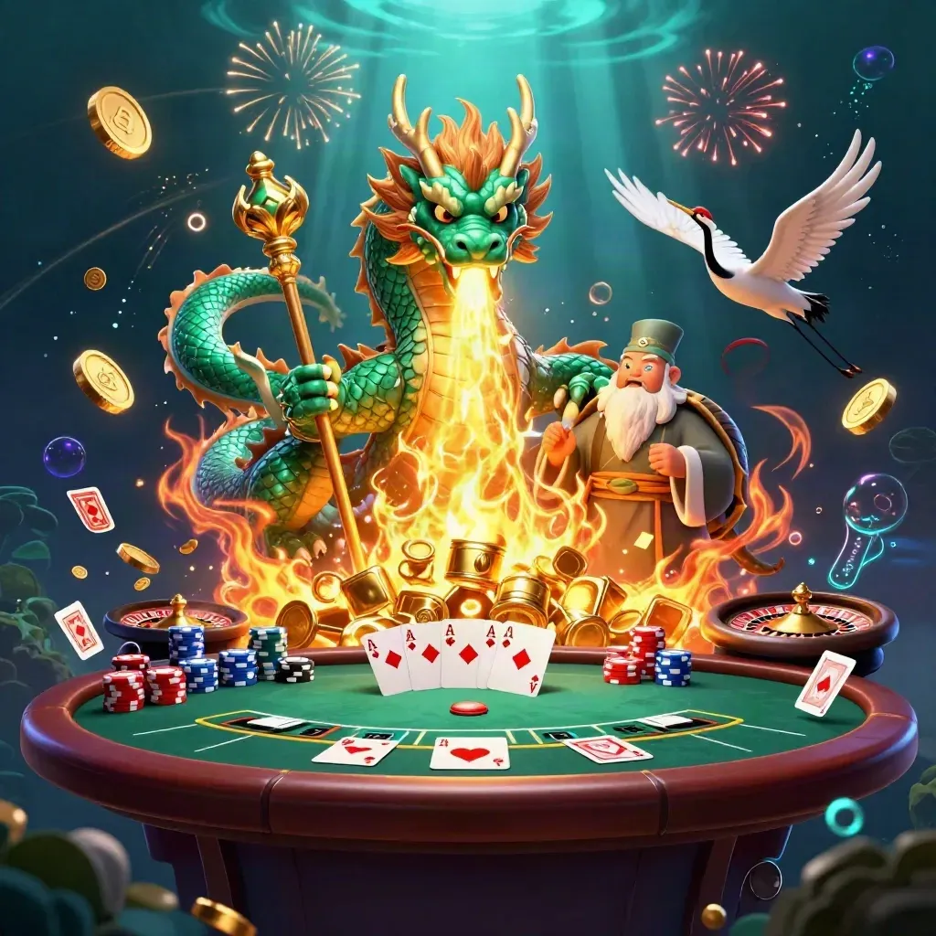 Dragon, turtle sage, and cranes amid casino coins, cards, and glowing underwater light