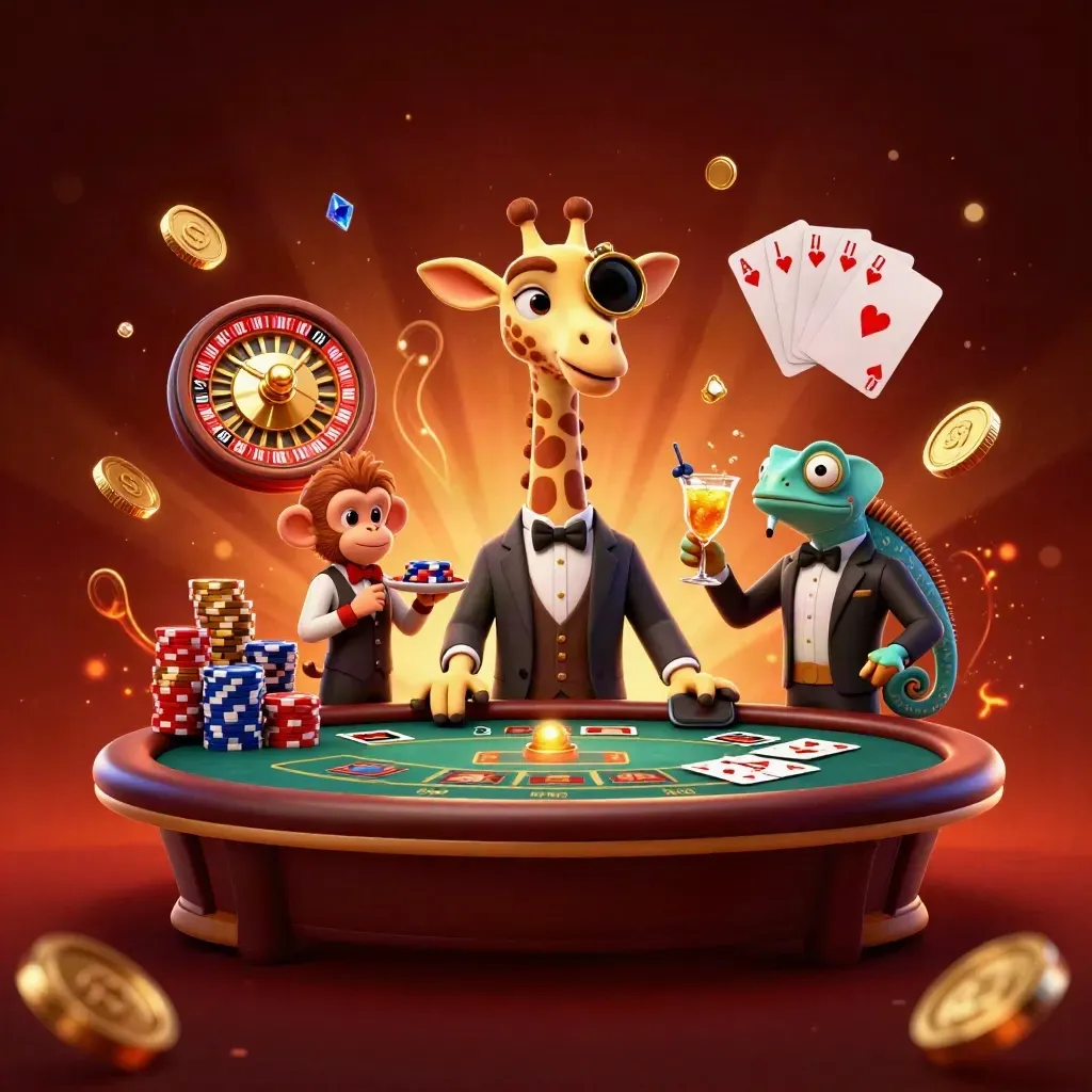 Giraffe, monkey, and chameleon at a casino table amid coins, cards, chips, and firelit glow.