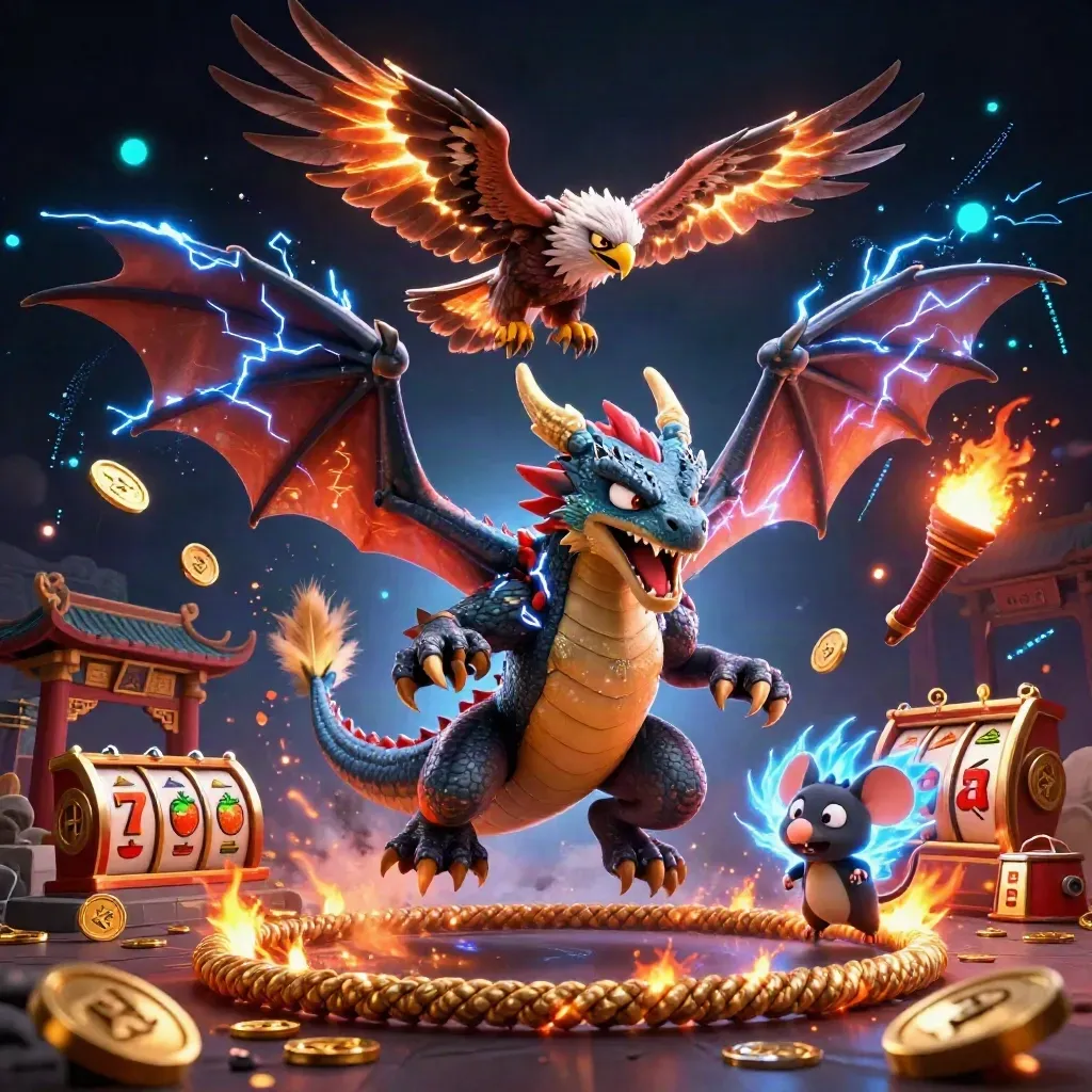 Thunder dragon, hawk, and crackling mouse amid casino reels, coins, and neon lightning.